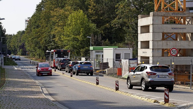 Wegen der Baustelle in Umkirch-Ost hl...n sollen Autos vom berholen abhalten.  | Foto: Julius Steckmeister