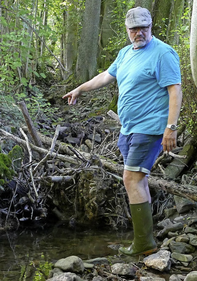 Der Krebsbach ist verstopft. Bachpate ...darum, dass das Wasser wieder fliet.   | Foto: Rutschmann