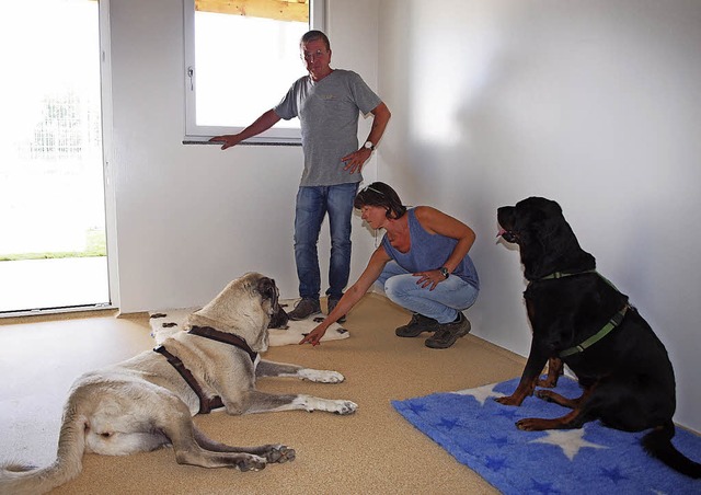 Thomas und Petra Bierer in einem Zimme... Hundehotels mit ihren eigenen Hunden.  | Foto:  hab