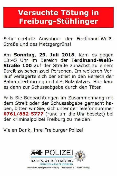 Mit diesem Flugblatt bittet die Polizei Zeugen um Hinweise.  | Foto: Polizei Freiburg