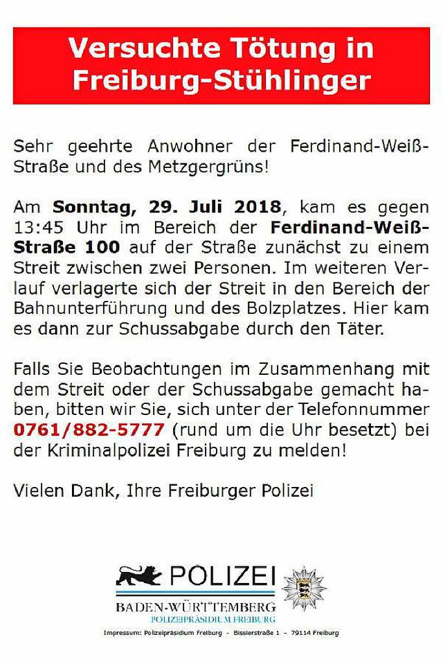 Mit diesem Flugblatt bittet die Polizei Zeugen um Hinweise.  | Foto: Polizei Freiburg