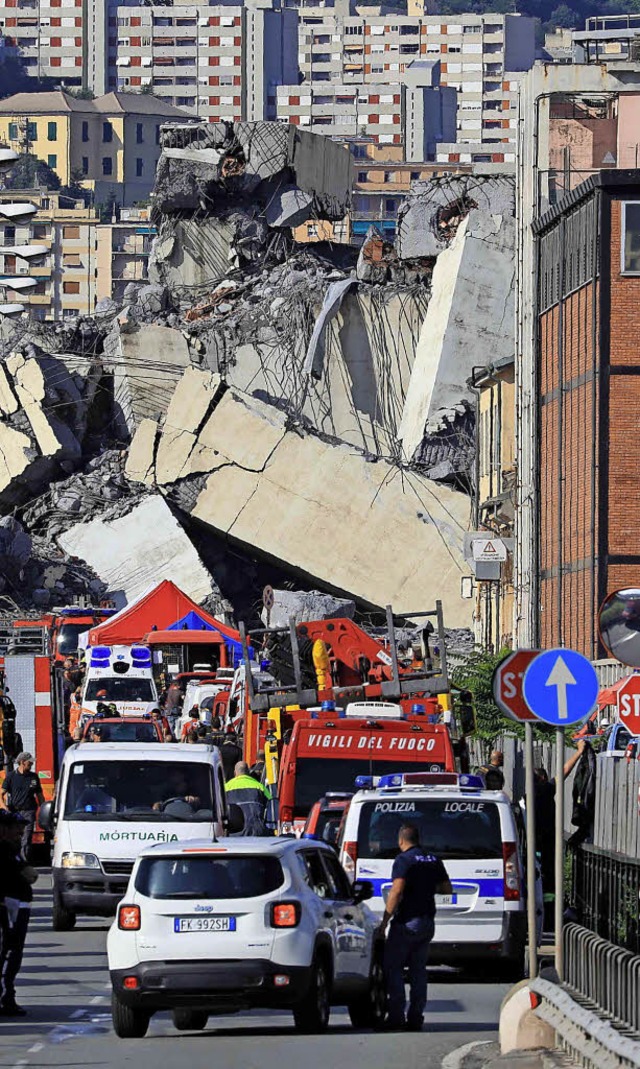 Rettungskrfte vor dem Trmmerfeld aus Beton  | Foto: afp