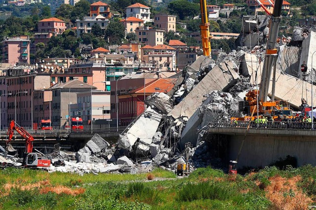 Mit Baggern und Krnen werden Trmmert...weise eingestrzten Brcke weggerumt.  | Foto: dpa