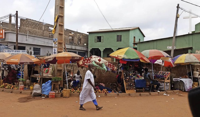 Marktszene in Gambia. Auf dem Boden gestapelt liegen die Mangos zum Verkauf.   | Foto: Privat