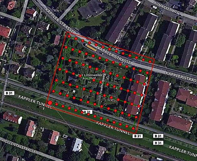 So sieht es aus, wenn der alte Friedho...d. Ein Punkt steht fr eine Aufnahme.   | Foto: Stadt Freiburg, VermA