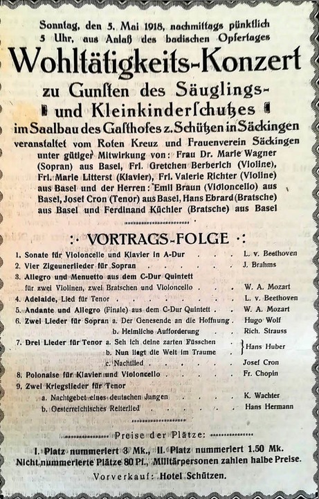 Ein Wohltätigkeits-Konzert für Säuglin... Mai 1918 in Säckingen veranstaltet.    | Foto: Repro: Irene Krauß