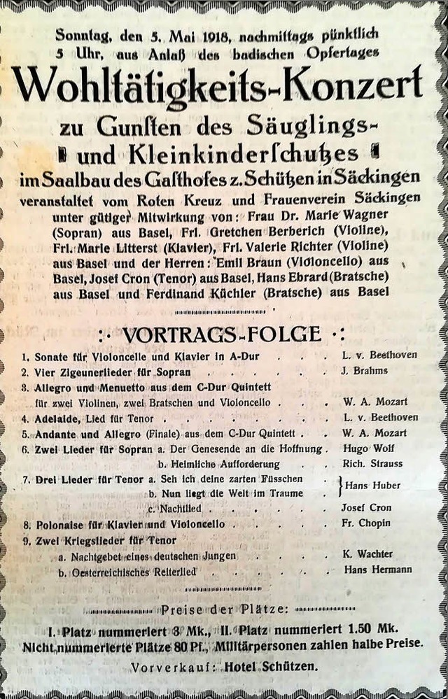 Ein Wohlttigkeits-Konzert fr Suglin... Mai 1918 in Sckingen veranstaltet.    | Foto: Repro: Irene Krau
