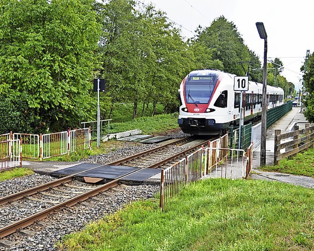 Der Lichtmast am unbeschrankten Bahnbergang Hausen-Raitbach ist marode.   | Foto: Edgar Steinfelder