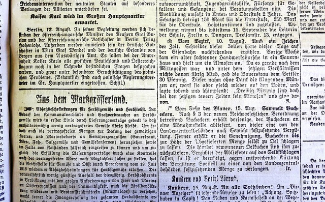 Serie 1918/1968: Markgrfler Nachrichten/Mllheimer Tageblatt 15. August 1918  | Foto: Michael Behrendt