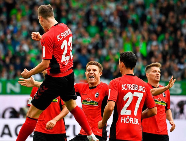 Freiburger Jubel nach Sallais erstem Bundesligatreffer.  | Foto: AFP