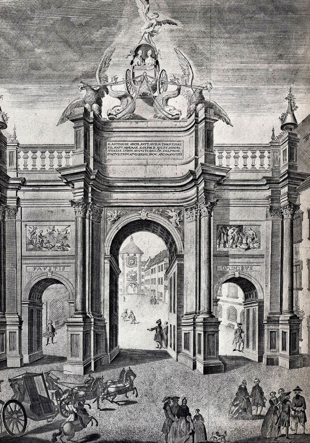Der Kupferstich zeigt den im Mai 1770 ...e.  Hinten sieht man das Martinstor.    | Foto: Augustinermuseum