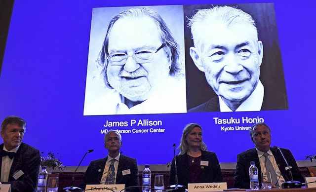 Teile des Nobelpreis-Komitees und die ...on und Tasuku Honio  auf der Leinwand   | Foto: dpa