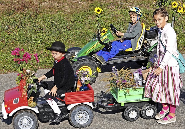 Frh bt sich: Kinder bereicherten den Umzug mit ihren Traktoren und Kettcars.  | Foto: Hans-Jrgen Hege