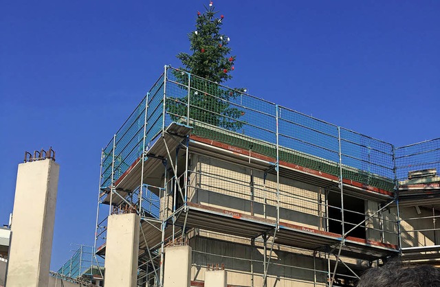 Ein Nadelbaum ziert vorbergehend das neue Dietrich-Bonhoeffer-Haus.   | Foto: Weizenecker