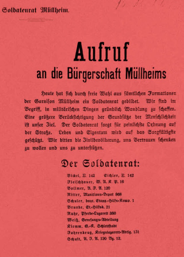 Erster Aufruf des am 10. November 1918 gegrndeten Soldatenrats Mllheim   | Foto: Markgrfler Museum