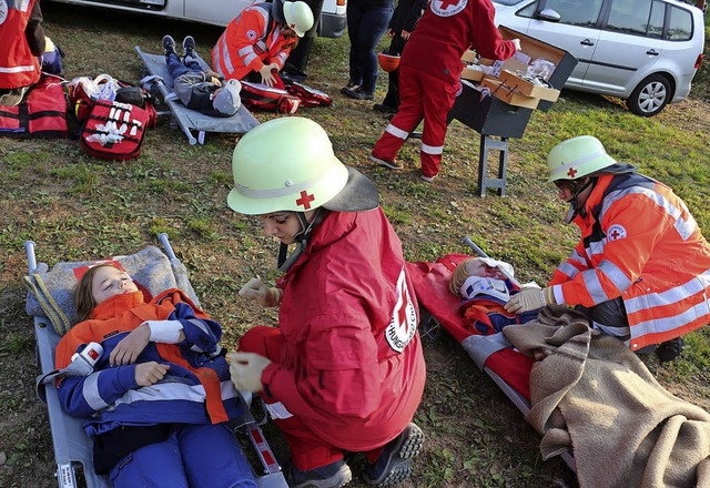 Zwei Sanitterinnen (rote Overalls) vo...ualifiziert und sprachen gut Deutsch.   | Foto: Karin Heiss