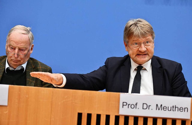 Jrg Meuthen (r), Parteivorsitzender d...undestag, in der Bundespressekonferenz  | Foto: dpa
