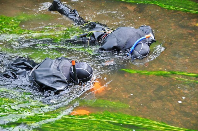 Taucher der Wasserschutzpolizei durchk... Tatwaffe entsorgt worden sein knnte.  | Foto: Helmut Seller