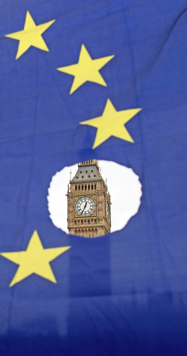 Eingeschrnkter Blick aufs Parlament i...&#8211; durch eine lchrige EU-Flagge   | Foto: dpa