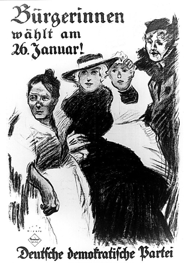 Ein Plakat der DDP ruft die Frauen 1919 zur Wahl auf.   | Foto: dpa