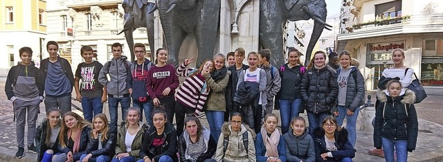 Franzsische und deutsche Schler vor dem Elefantenbrunnen in Chambry  | Foto: Schule