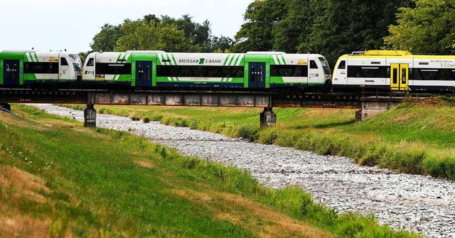 Die Breisgau-S-Bahn fhrt ber das ausgetrocknete Flussbett der Dreisam.    | Foto:  dpa