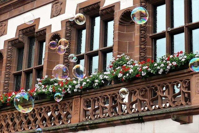 Am Freiburger Rathaus fliegen Seifenblasen vorbei