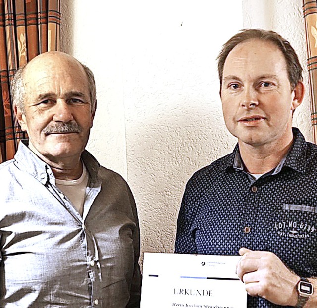 Kurt Dietsche (links) gratuliert Joach...nner zum 20-jhrigen Arbeitsjubilum.   | Foto: Privat