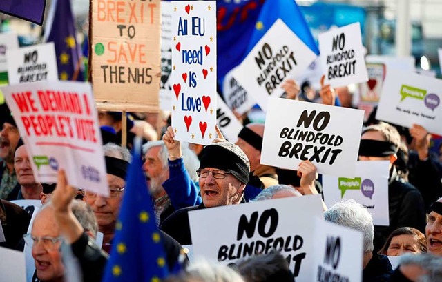 &#8222;Kein unkontrollierter Brexit&#8220; fordern diese Demonstranten.  | Foto: AFP