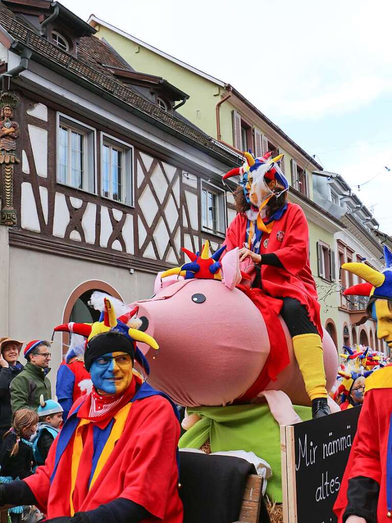 Umzug in Endingen: Als sparsame Narren prsentierten sich die Akteure des Narrennests Schelmengraben. Sie kamen ganz kostenbewusst im Outfit des Vorjahrs.