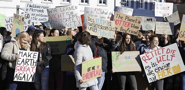 Klimaprotest mit kreativen Plakaten ze...r Mitte Februar auf dem Rathausplatz.   | Foto: christoph Breithaupt