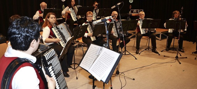 Die Spielgruppe des Akkordeonclubs auf der Bhne der Turn- und Festhalle  | Foto: Roland Vitt