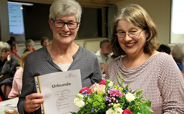 Else Gerhardt (links) ist 50 Jahre im ...auenverein. Sabine Engler gratulierte.  | Foto: Werner Schnabl