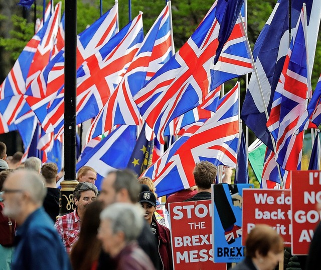 Brexit-Aktivisten halten die britische...us der EU mit Plakaten aufmarschieren.  | Foto: afp