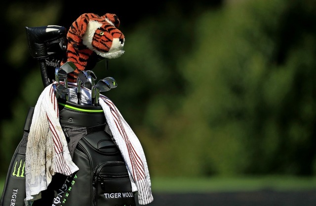 Der Plschtiger ist immer dabei, wenn ...oods auf dem Golfplatz unterwegs ist.   | Foto: AFP