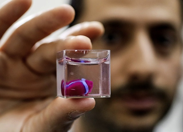 Ein Forscher hlt den ersten Prototype...schlichen Herzens aus dem 3D-Drucker.   | Foto: dpa