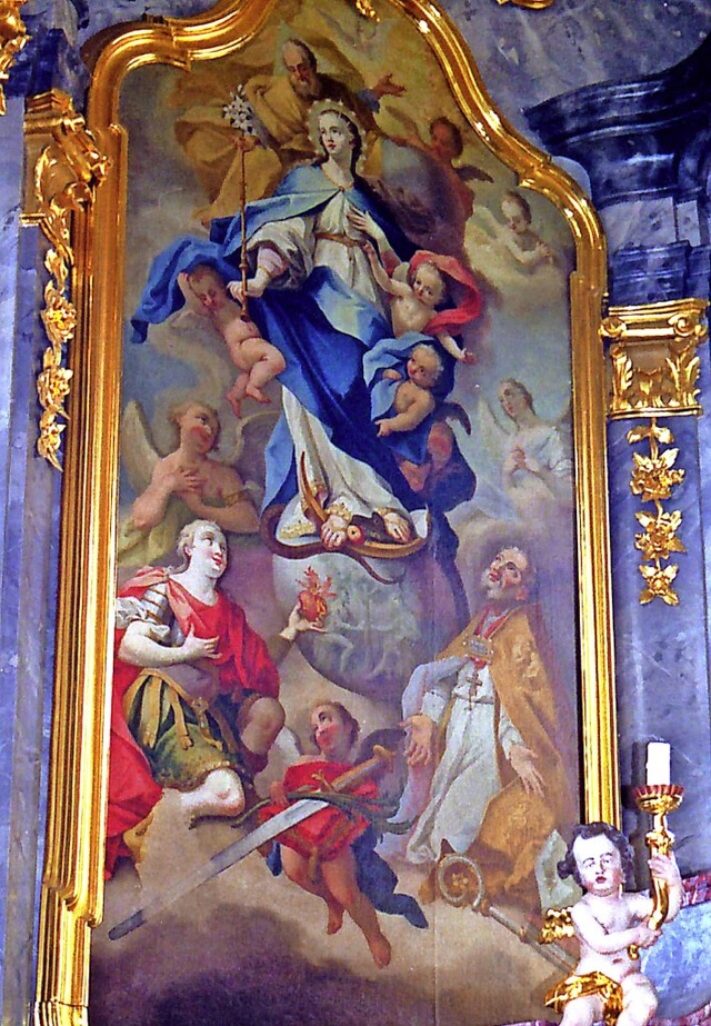 Das Hochaltarbild in der Kirche in Hol...unten links) und Apollinaris (rechts).  | Foto: Barbara Schmidt