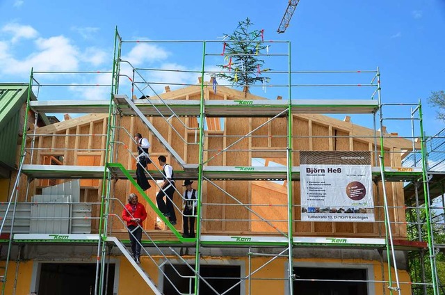 Auf dem Gebude des Rudervereins haben Zimmerleute ein neues Dach aufgestellt.  | Foto: Hans-Jochen Voigt