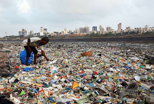 Ein Mann sammelt in Indien Plastik und...bersten Kste des Arabisches Meeres.  | Foto: dpa