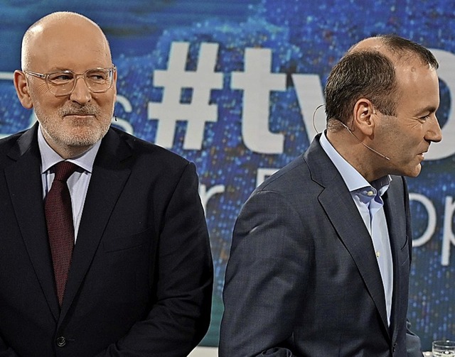 Frans Timmermans (links) sahen 42 Proz...nsieger, Manfred Weber nur 29 Prozent.  | Foto: AFP
