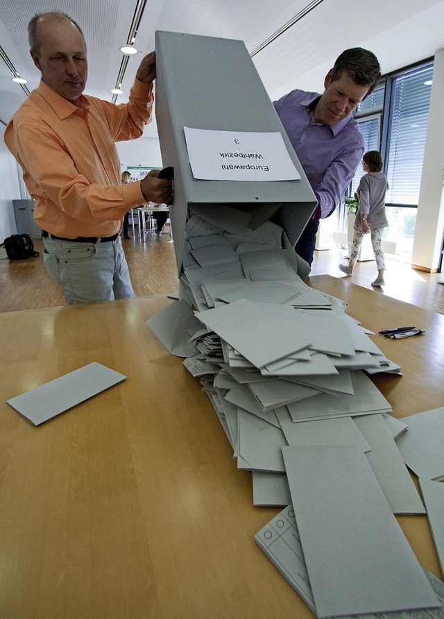 Zwei Helfer schtten im Emmendinger Ra... Stimmzetteln fr die Europawahl aus.   | Foto: Patrik Mller