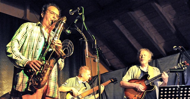 Hary de Ville (rechts) mit Tom Martin (links) und Martin Hess auf der Heubhne.   | Foto: Nicolai Kapitz