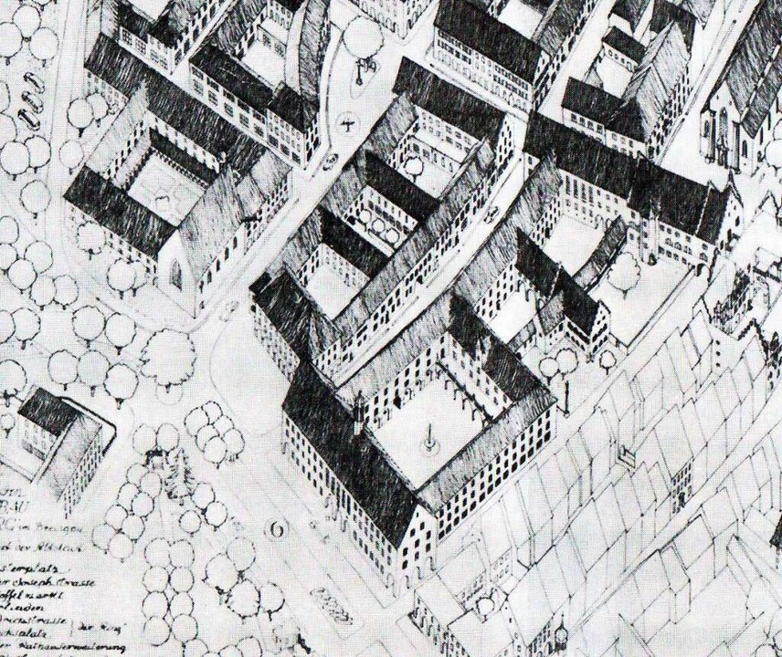 Die Isometrie von Stadtplaner Joseph S...tstand. Rechts oben die Martinskirche.  | Foto: Sammlung Joachim Scheck