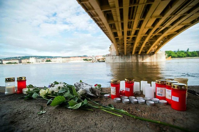 Am Ufer unweit der Unglcksstelle an d...innern Blumen und Kerzen an die Opfer.  | Foto: Zoltan Balogh (dpa)
