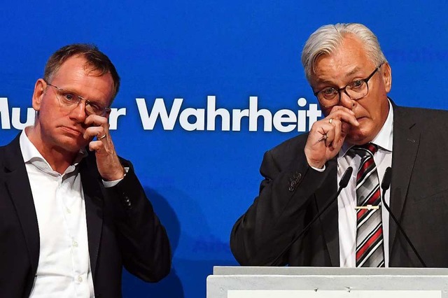 Dirk Spaniel (l) und Bernd Ggel bei e...rache zum Zustand des Landesverbandes.  | Foto: Uli Deck (dpa)