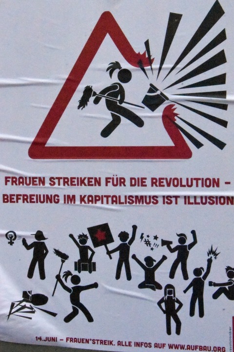 Weg mit dem Putzeimer! Werbeaufkleber fr den Frauenstreik.  | Foto: Kathrin Ganter