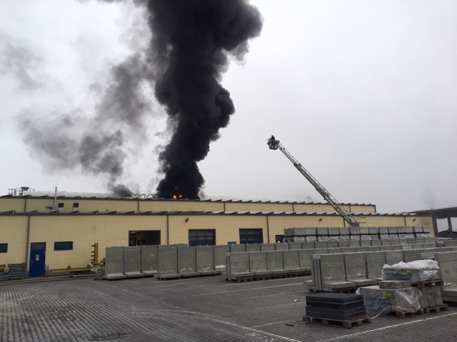 Eine dunkle Rauchwolke stieg am Sonntagmorgen ber der Lagerhalle auf.  | Foto: Feuerwehr Herbolzheim