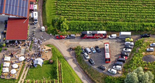 Mit zwei Bussen des SC Freiburg waren ...ltung im  Weingut Bieselin angereist.   | Foto: Martin Bildstein