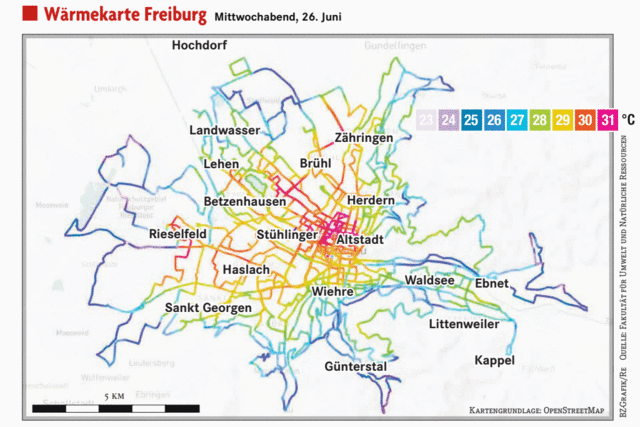 Interaktive Karte zeigt, wo es in Freiburg am heiesten ist
