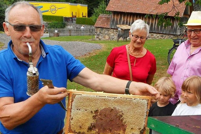 Interessiert beobachten Besucher, wie ...llte Wabe aus dem Bienenkasten nimmt.  | Foto: Josef Faller